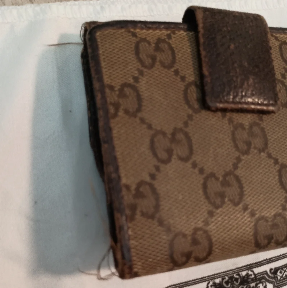 GUCCI GG Beige Canvas With Brn Leather Coin Purse Clutch/Wallet
